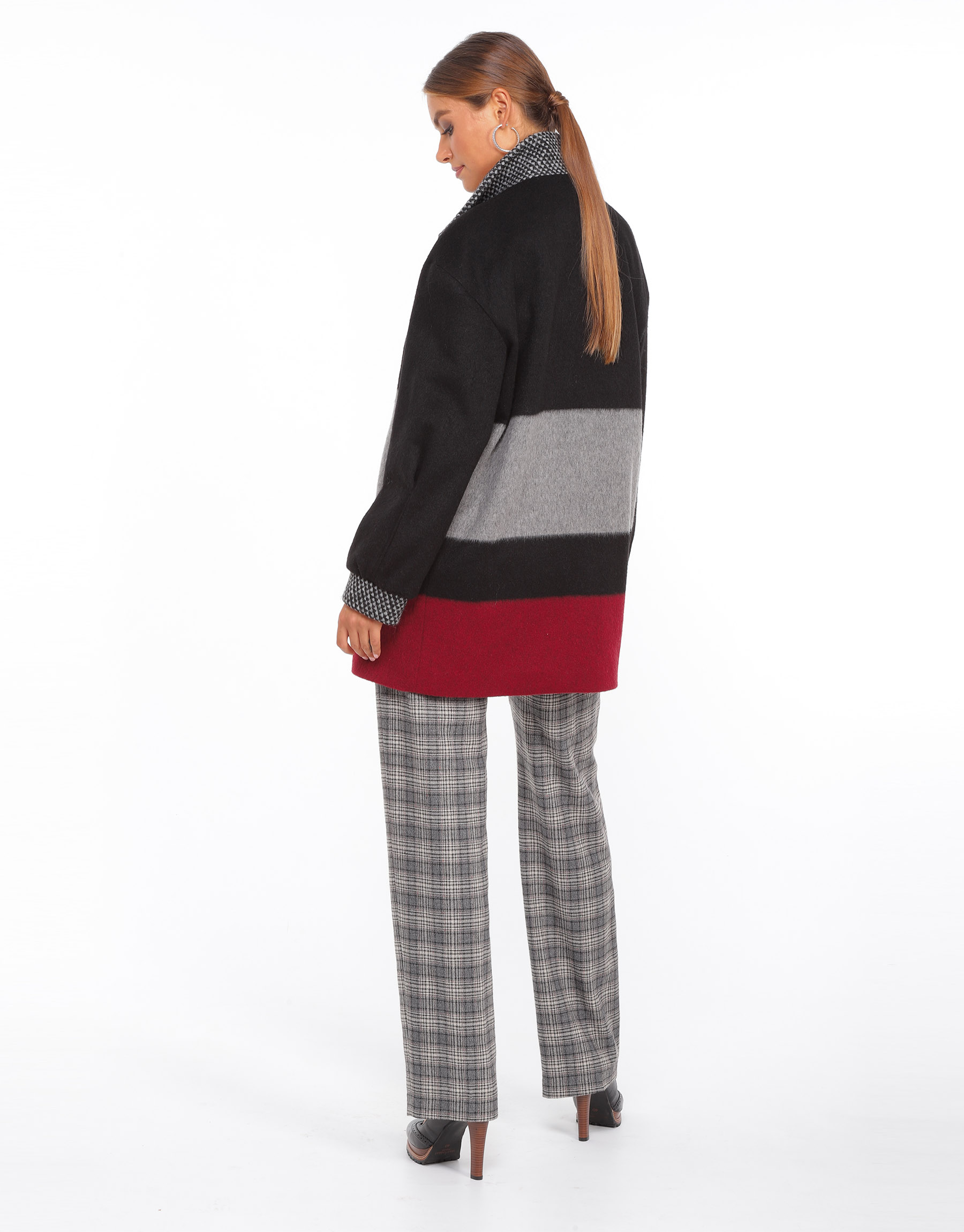 Mid-length coat in striped wool and black, grey and red mesh